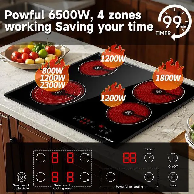 Alt view image 4 of 6 - 24in 4 Burner Ceramic Electric Cooktop 6500W Infrared Cooker | Child lock and auto safety. 9 power levels, easy-clean glass. Built-in or countertop. Hardwired connection, no plug included