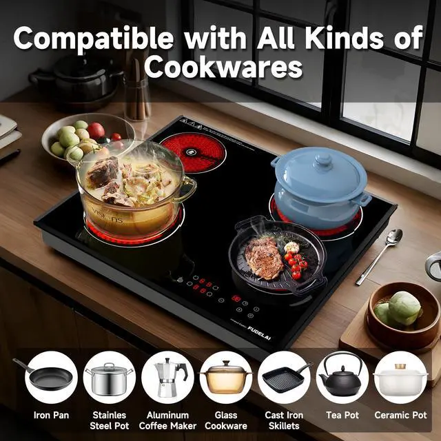 Alt view image 5 of 6 - 24in 4 Burner Ceramic Electric Cooktop 6500W Infrared Cooker | Child lock and auto safety. 9 power levels, easy-clean glass. Built-in or countertop. Hardwired connection, no plug included
