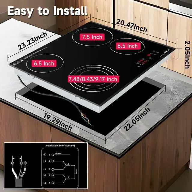 Alt view image 6 of 6 - 24in 4 Burner Ceramic Electric Cooktop 6500W Infrared Cooker | Child lock and auto safety. 9 power levels, easy-clean glass. Built-in or countertop. Hardwired connection, no plug included
