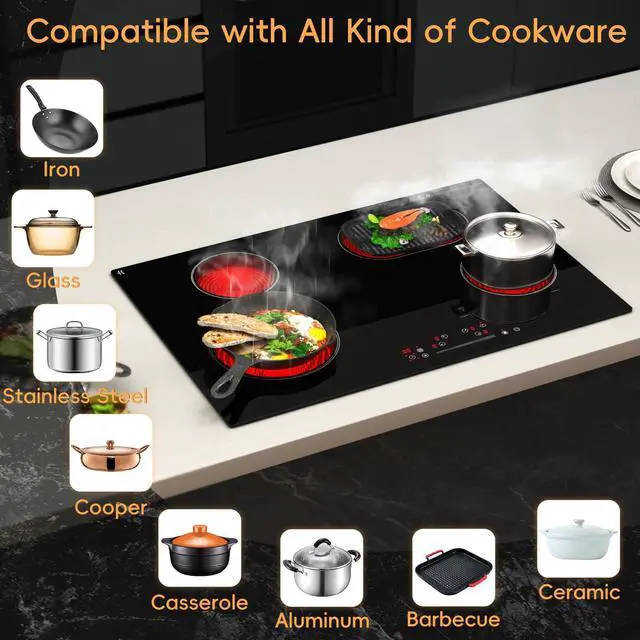 Alt view image 3 of 7 - 30 Inch Electric Cooktop 4 Burner Built-in Stove Touch Control, Hard Wire | 7200W Radiant Electric Stove, Ceramic Glass, 9 Level Power, 99 Min Timer, Safety Lock, 220-240V, for Family Party, Festival