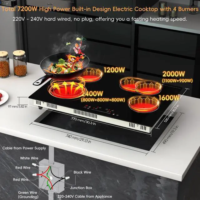 Alt view image 4 of 7 - 30 Inch Electric Cooktop 4 Burner Built-in Stove Touch Control, Hard Wire | 7200W Radiant Electric Stove, Ceramic Glass, 9 Level Power, 99 Min Timer, Safety Lock, 220-240V, for Family Party, Festival