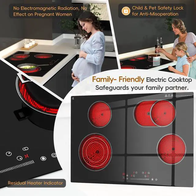 Alt view image 5 of 7 - 30 Inch Electric Cooktop 4 Burner Built-in Stove Touch Control, Hard Wire | 7200W Radiant Electric Stove, Ceramic Glass, 9 Level Power, 99 Min Timer, Safety Lock, 220-240V, for Family Party, Festival