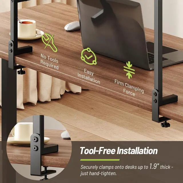 Alt view image 6 of 7 - Clamp On Desk Shelf, 3-Tier Above Desk Extender with Pegboard & Hooks, Metal & Wooden Desktop Bookshelf & Organizer, Tabletop Storage Rack for Office Accessories, 38.3" W x 33" H, Black