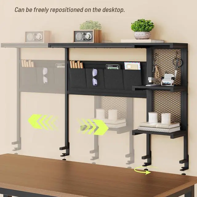 Alt view image 7 of 7 - Clamp On Desk Shelf, 3-Tier Above Desk Extender with Pegboard & Hooks, Metal & Wooden Desktop Bookshelf & Organizer, Tabletop Storage Rack for Office Accessories, 38.3" W x 33" H, Black