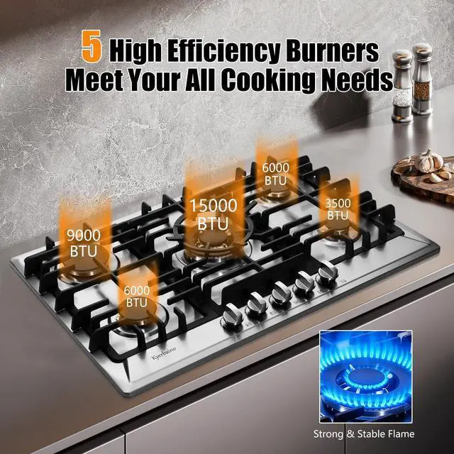 Alt view image 3 of 7 - Gas Cooktop 30 Inch, Stainless Steel 5 Burners Gas Stovetop Built-in LPG/NG Convertible Gas Cooktop Dual Fuel Sealed Gas Stove