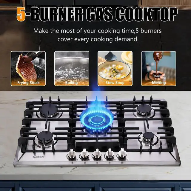 Alt view image 2 of 7 - Gas Cooktop 30 Inch, Stainless Steel 5 Burners Gas Stovetop Built-in LPG/NG Convertible Gas Cooktop Dual Fuel Sealed Gas Stove