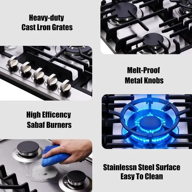 Alt view image 4 of 7 - Gas Cooktop 30 Inch, Stainless Steel 5 Burners Gas Stovetop Built-in LPG/NG Convertible Gas Cooktop Dual Fuel Sealed Gas Stove