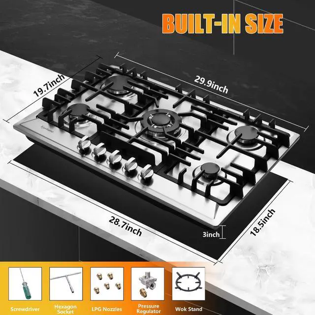 Alt view image 5 of 7 - Gas Cooktop 30 Inch, Stainless Steel 5 Burners Gas Stovetop Built-in LPG/NG Convertible Gas Cooktop Dual Fuel Sealed Gas Stove