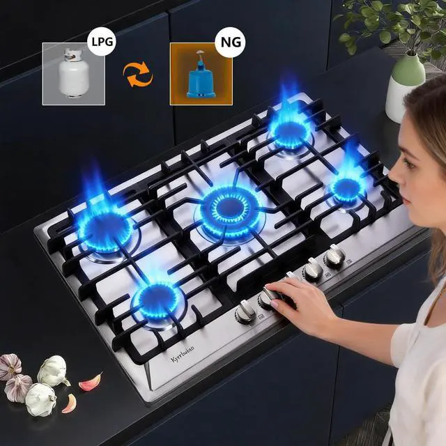 Alt view image 6 of 7 - Gas Cooktop 30 Inch, Stainless Steel 5 Burners Gas Stovetop Built-in LPG/NG Convertible Gas Cooktop Dual Fuel Sealed Gas Stove