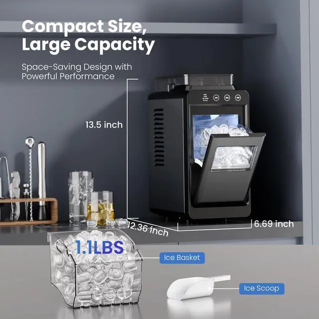 Alt view image 5 of 6 - Ice Makers Countertop,26Lbs/24H,8Pcs in 6Mins,Portable Ice Maker Machine with 1.2L Top Water Tank,Interior Lighting,2 Sizes of Bullet Ice for Home/Office/Party(Black)