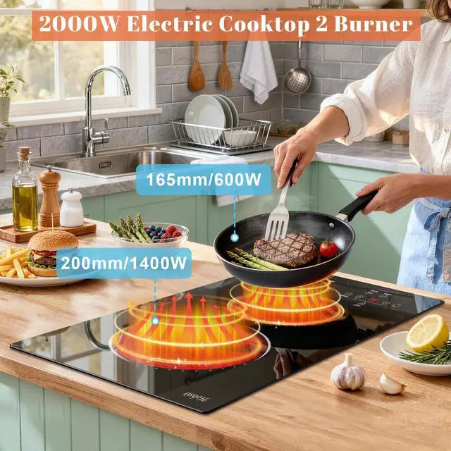 Alt view image 2 of 7 - Hobsir 2 Burner Electric Cooktop 110V Plug In 2000W Touch Control Stove | 9 Power Levels, Safety Lock, Timer Protection, Easy-Clean Surface and Flexible Cooking for Home or Outdoor Use