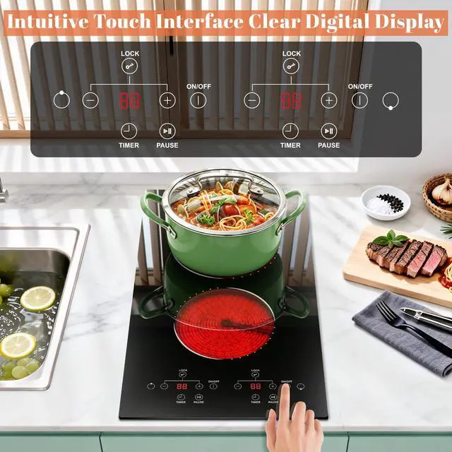 Alt view image 3 of 7 - Hobsir 2 Burner Electric Cooktop 110V Plug In 2000W Touch Control Stove | 9 Power Levels, Safety Lock, Timer Protection, Easy-Clean Surface and Flexible Cooking for Home or Outdoor Use