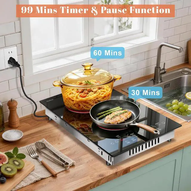 Alt view image 4 of 7 - Hobsir 2 Burner Electric Cooktop 110V Plug In 2000W Touch Control Stove | 9 Power Levels, Safety Lock, Timer Protection, Easy-Clean Surface and Flexible Cooking for Home or Outdoor Use