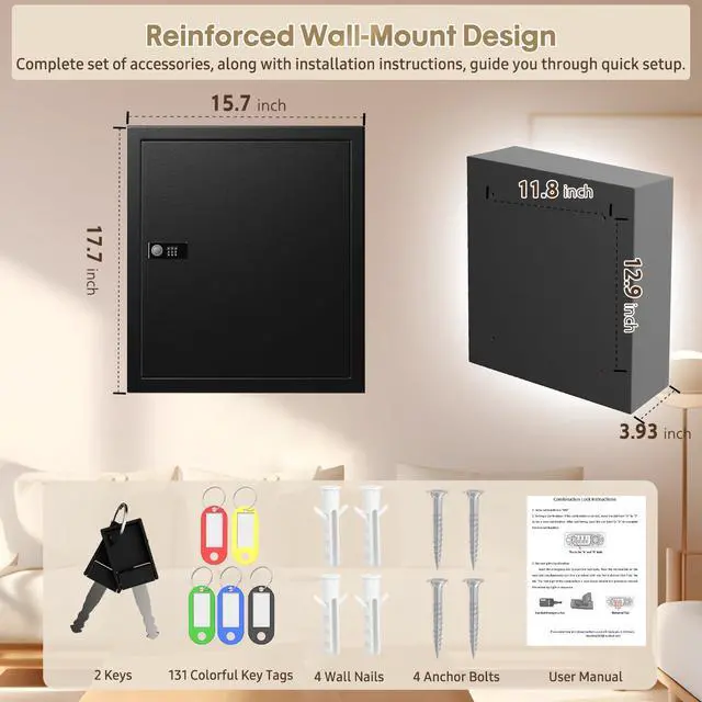 Alt view image 2 of 7 - Lock Key Cabinet with Storage: 131-Keys Steel Wall Mount Key Cabinet Organizer - Large Storage and Secure Combination Lock Box for Office Home Business Black