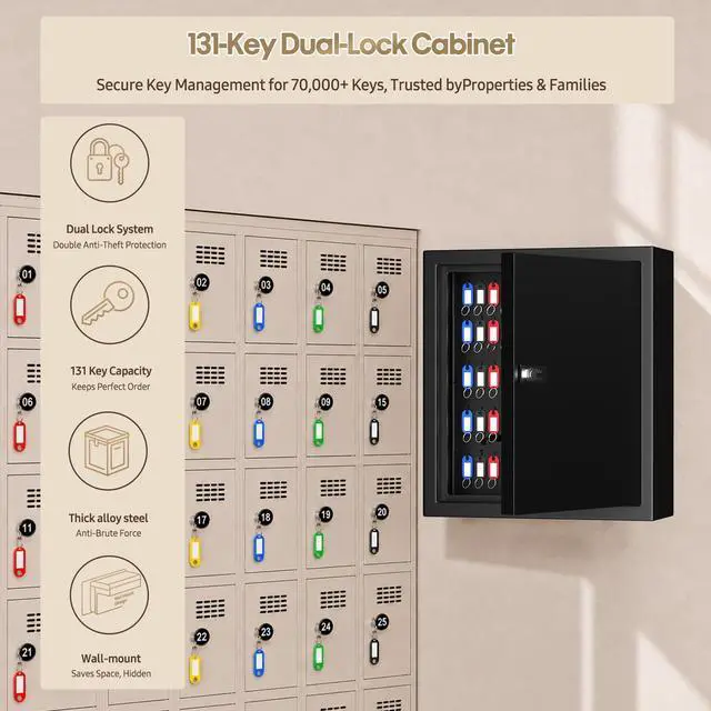 Alt view image 3 of 7 - Lock Key Cabinet with Storage: 131-Keys Steel Wall Mount Key Cabinet Organizer - Large Storage and Secure Combination Lock Box for Office Home Business Black