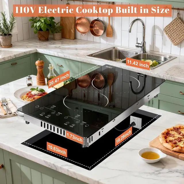 Alt view image 7 of 7 - Hobsir 2 Burner Electric Cooktop 110V Plug In 2000W Touch Control Stove | 9 Power Levels, Safety Lock, Timer Protection, Easy-Clean Surface and Flexible Cooking for Home or Outdoor Use