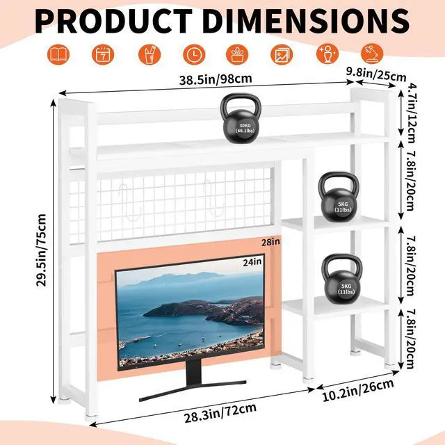 Alt view image 3 of 6 - Desktop Shelf, 38.5'' Desktop Organizer Shelf for Computer Monitor, 4 Tier Hutch Storage Rack for Home Office Dorm, White