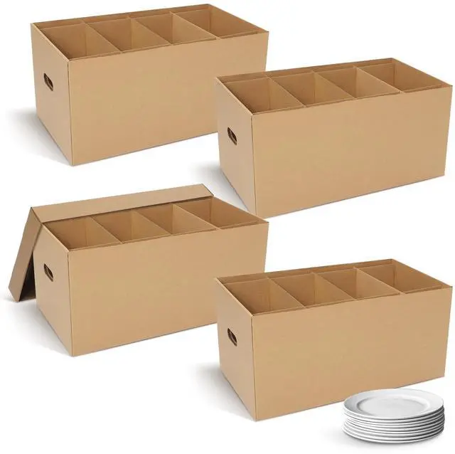 Main image of 4 Pack Large Dish Packing Boxes for Moving with Divider 24 x 12 x 11 Inch Kitchen Moving Boxes with Reinforced Handle Lid Packing Supplies for Dishes and Glassware(Brown)