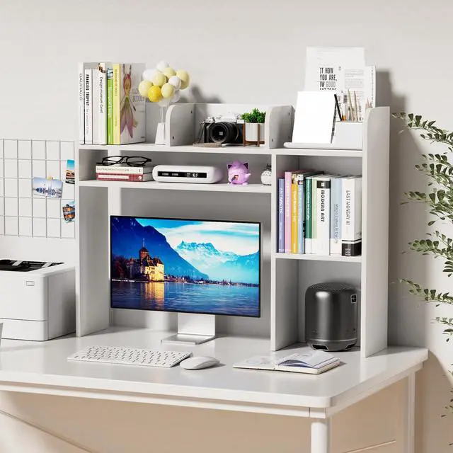 Alt view image 2 of 7 - Desktop Bookshelf, White Desk Hutch with 6 Shelves for Computer Desk, Multipurpose Wood Desk Shelf Storage Organizer for Dorm Office Home