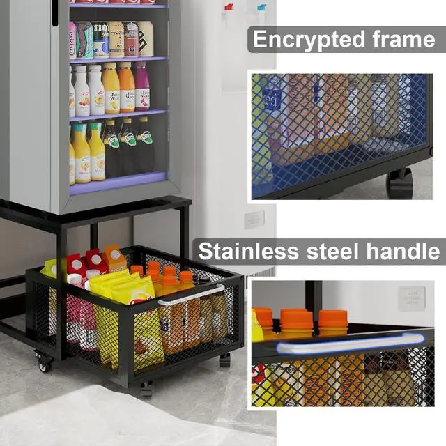 Alt view image 4 of 7 - 19.7" x19.7" Mini Fridge Stand with Storage Fridge Cart, Black | Mobile Beverage Refrigerator Stand, Compact Refrigerator Organizer with Drawer & Rolling Basket for Home Office