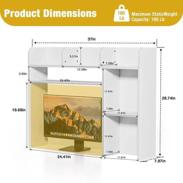Alt view image 3 of 7 - Desktop Bookshelf, White Desk Hutch with 6 Shelves for Computer Desk, Multipurpose Wood Desk Shelf Storage Organizer for Dorm Office Home