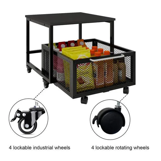 Alt view image 5 of 7 - 19.7" x19.7" Mini Fridge Stand with Storage Fridge Cart, Black | Mobile Beverage Refrigerator Stand, Compact Refrigerator Organizer with Drawer & Rolling Basket for Home Office