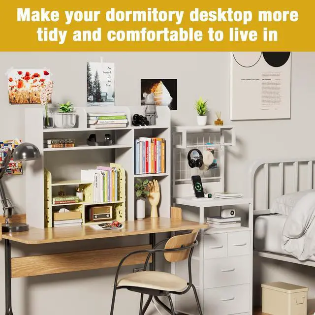 Alt view image 4 of 7 - Desktop Bookshelf, White Desk Hutch with 6 Shelves for Computer Desk, Multipurpose Wood Desk Shelf Storage Organizer for Dorm Office Home