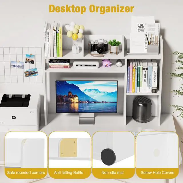 Alt view image 5 of 7 - Desktop Bookshelf, White Desk Hutch with 6 Shelves for Computer Desk, Multipurpose Wood Desk Shelf Storage Organizer for Dorm Office Home