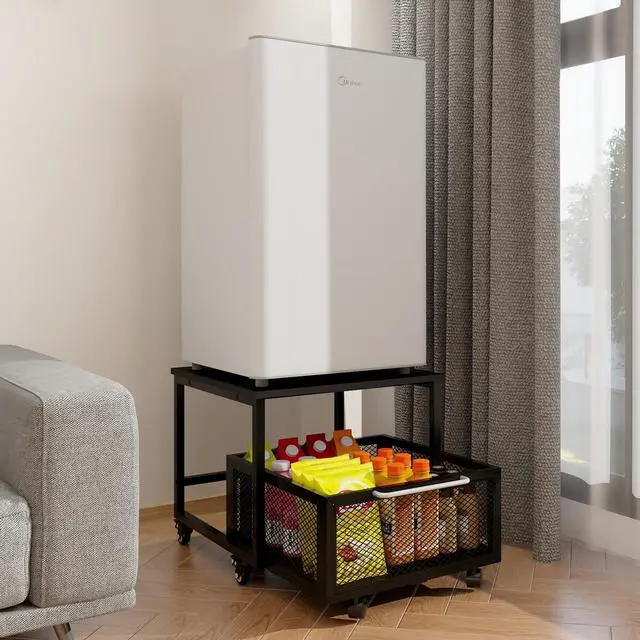 Alt view image 7 of 7 - 19.7" x19.7" Mini Fridge Stand with Storage Fridge Cart, Black | Mobile Beverage Refrigerator Stand, Compact Refrigerator Organizer with Drawer & Rolling Basket for Home Office