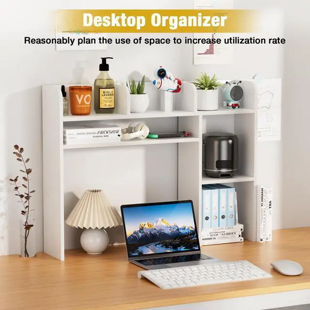 Alt view image 7 of 7 - Desktop Bookshelf, White Desk Hutch with 6 Shelves for Computer Desk, Multipurpose Wood Desk Shelf Storage Organizer for Dorm Office Home