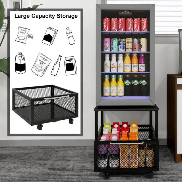 Alt view image 6 of 7 - 19.7" x19.7" Mini Fridge Stand with Storage Fridge Cart, Black | Mobile Beverage Refrigerator Stand, Compact Refrigerator Organizer with Drawer & Rolling Basket for Home Office
