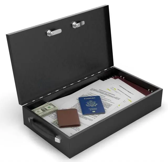 Alt view image 2 of 7 - Fire Retardant Large Strong Box, Dual Combination and Key Lock Steel Security Chest Fits Legal Documents & More Flat, Fire Resistant to Safeguard Vitals, 0.43 Cubic Ft, 18" x 10" x 3.5" Interior