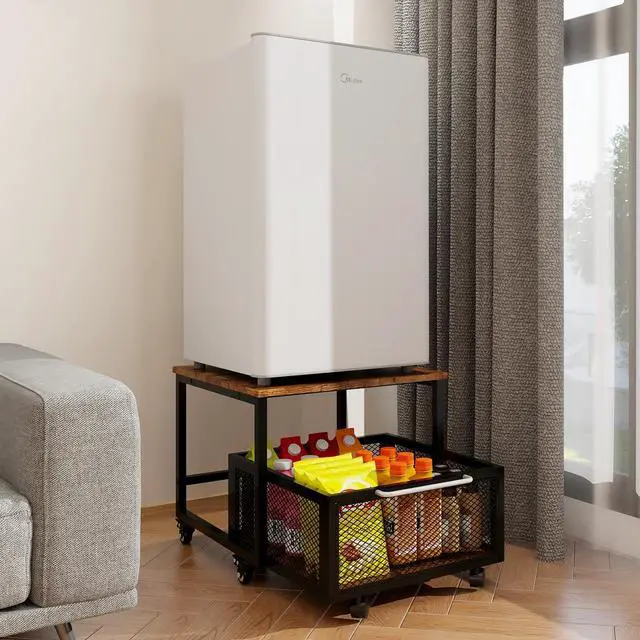 Alt view image 7 of 7 - 19.7" x19.7" Mini Fridge Stand with Storage Fridge Cart, Retro | Mobile Beverage Refrigerator Stand, Compact Refrigerator Organizer with Drawer & Rolling Basket for Home Office