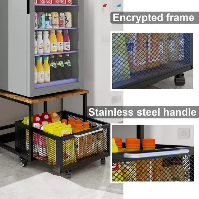 Alt view image 4 of 7 - 19.7" x19.7" Mini Fridge Stand with Storage Fridge Cart, Retro | Mobile Beverage Refrigerator Stand, Compact Refrigerator Organizer with Drawer & Rolling Basket for Home Office