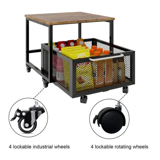 Alt view image 5 of 7 - 19.7" x19.7" Mini Fridge Stand with Storage Fridge Cart, Retro | Mobile Beverage Refrigerator Stand, Compact Refrigerator Organizer with Drawer & Rolling Basket for Home Office
