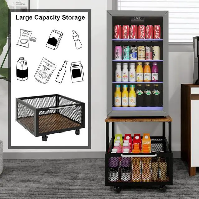 Alt view image 6 of 7 - 19.7" x19.7" Mini Fridge Stand with Storage Fridge Cart, Retro | Mobile Beverage Refrigerator Stand, Compact Refrigerator Organizer with Drawer & Rolling Basket for Home Office
