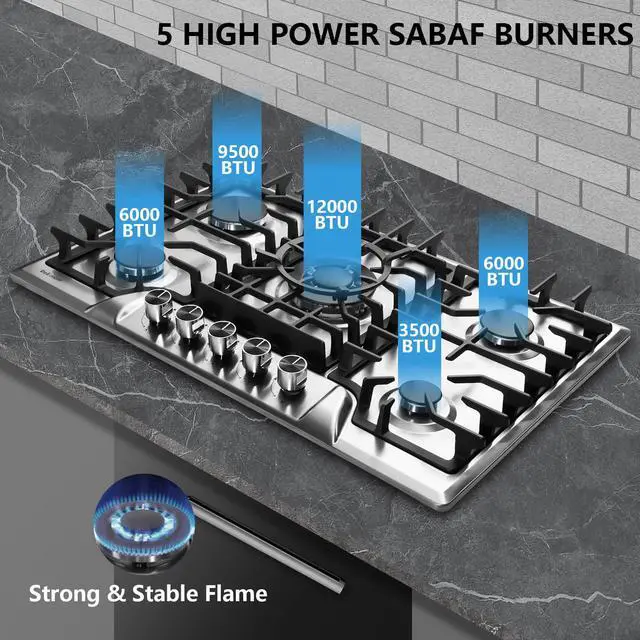 Alt view image 2 of 6 - Gas Cooktop 30 Inch, Built-in 5 Burners Stainless Steel Gas Stovetop LPG/NG Convertible Gas Stove Top Dual Fuel Gas Hob DM5722