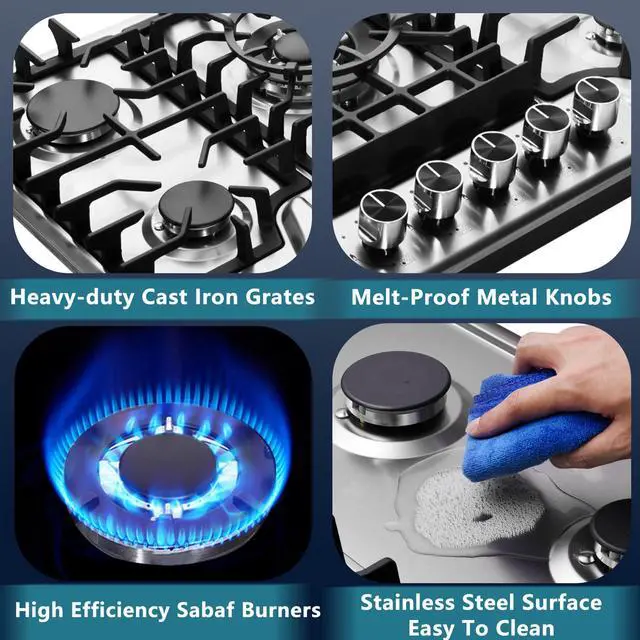 Alt view image 3 of 6 - Gas Cooktop 30 Inch, Built-in 5 Burners Stainless Steel Gas Stovetop LPG/NG Convertible Gas Stove Top Dual Fuel Gas Hob DM5722