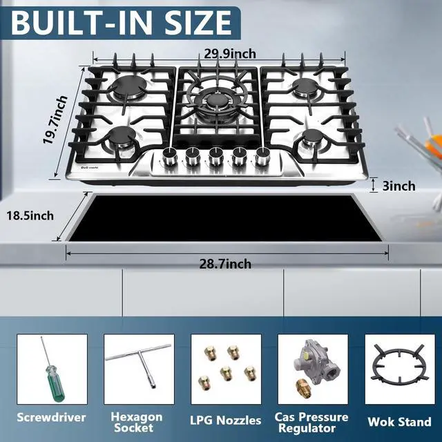 Alt view image 4 of 6 - Gas Cooktop 30 Inch, Built-in 5 Burners Stainless Steel Gas Stovetop LPG/NG Convertible Gas Stove Top Dual Fuel Gas Hob DM5722