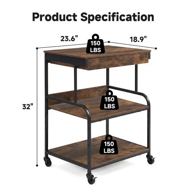 Alt view image 2 of 7 - 23.6''x18.9'' Printer Stand with Drawer,3 Tier Rolling Printer Cart | for Home Office, Adjustable Shelf & Heavy Duty Steel Frame, Large Printer Table for Scanner Fax Copier