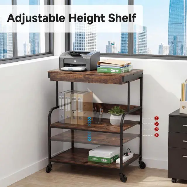 Alt view image 3 of 7 - 23.6''x18.9'' Printer Stand with Drawer,3 Tier Rolling Printer Cart | for Home Office, Adjustable Shelf & Heavy Duty Steel Frame, Large Printer Table for Scanner Fax Copier