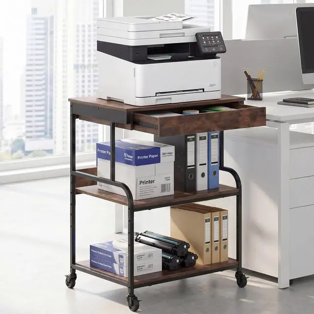 Alt view image 4 of 7 - 23.6''x18.9'' Printer Stand with Drawer,3 Tier Rolling Printer Cart | for Home Office, Adjustable Shelf & Heavy Duty Steel Frame, Large Printer Table for Scanner Fax Copier