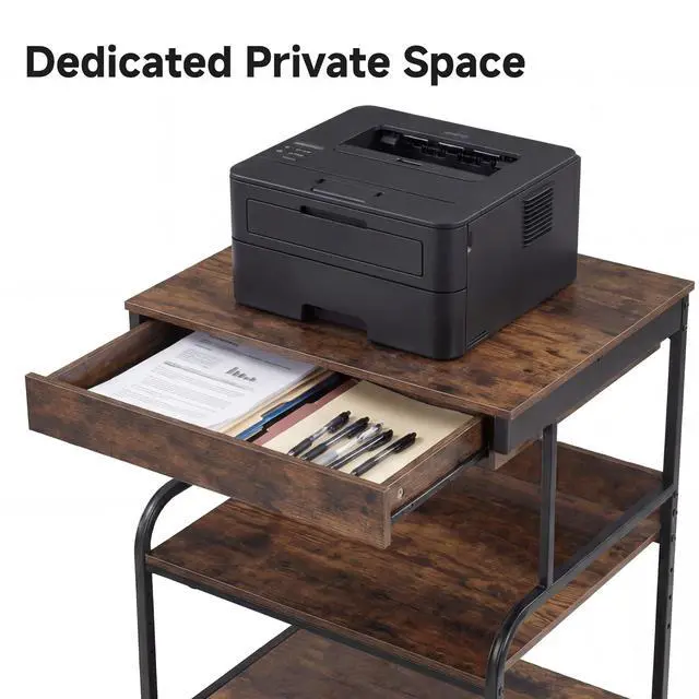Alt view image 5 of 7 - 23.6''x18.9'' Printer Stand with Drawer,3 Tier Rolling Printer Cart | for Home Office, Adjustable Shelf & Heavy Duty Steel Frame, Large Printer Table for Scanner Fax Copier
