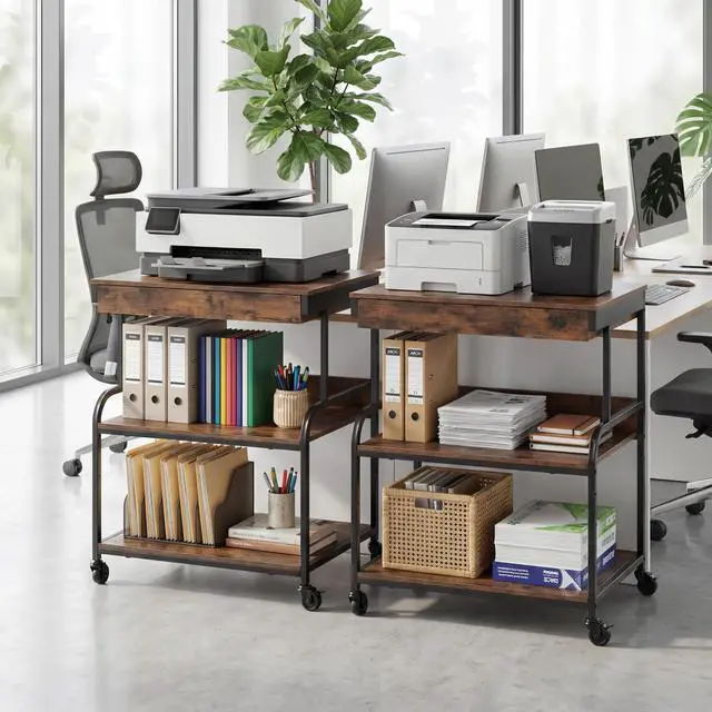 Alt view image 7 of 7 - 23.6''x18.9'' Printer Stand with Drawer,3 Tier Rolling Printer Cart | for Home Office, Adjustable Shelf & Heavy Duty Steel Frame, Large Printer Table for Scanner Fax Copier