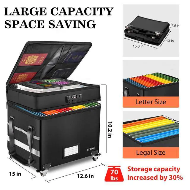 Alt view image 3 of 5 - File Box with Lock, Fireproof Document Box with Wheels | Collapsible File Organizer Box, File Storage Box for Home & Office, Filing Cabinet for Hanging Letter/Legal Folders, Black