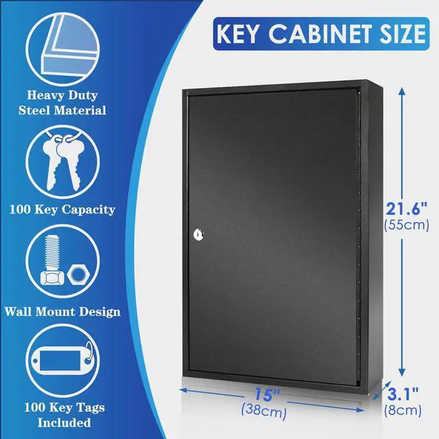Alt view image 2 of 7 - Wall Mount 100 Position Steel Key Box Cabinet with Tags, Black | Premium Steel Wall Mount Key Cabinet, 100-Key Capacity, Secure Lock Prevents Key Loss for Hotels Offices Property Management