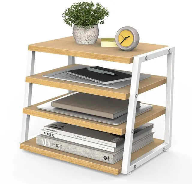 Main image of Desk Shelf Organizer, 4-Tier Tower Desktop Office Shelves, Oak | Wood and Metal Open Shelf, Corner File Organizer for Office Supplies, Top of Desk Organizers and Accessories