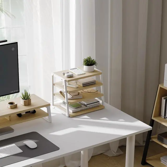 Alt view image 2 of 7 - Desk Shelf Organizer, 4-Tier Tower Desktop Office Shelves, Oak | Wood and Metal Open Shelf, Corner File Organizer for Office Supplies, Top of Desk Organizers and Accessories