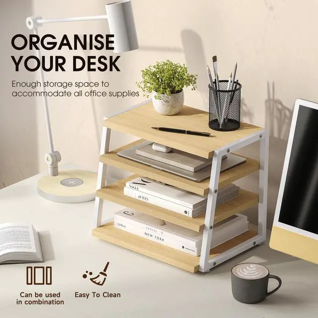 Alt view image 4 of 7 - Desk Shelf Organizer, 4-Tier Tower Desktop Office Shelves, Oak | Wood and Metal Open Shelf, Corner File Organizer for Office Supplies, Top of Desk Organizers and Accessories