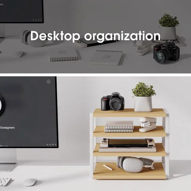 Alt view image 6 of 7 - Desk Shelf Organizer, 4-Tier Tower Desktop Office Shelves, Oak | Wood and Metal Open Shelf, Corner File Organizer for Office Supplies, Top of Desk Organizers and Accessories
